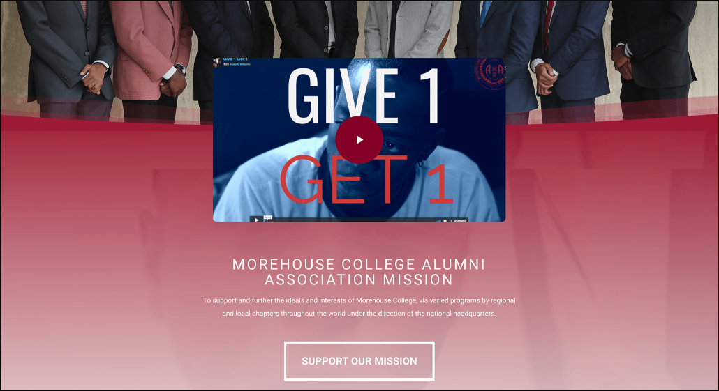 The homepage of Morehouse College’s alumni website, which features a video for its Give 1 Get 1 campaign