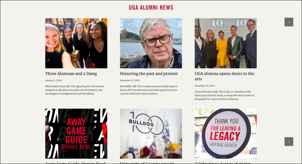 The news section of UGA’s alumni website, featuring six different blog posts