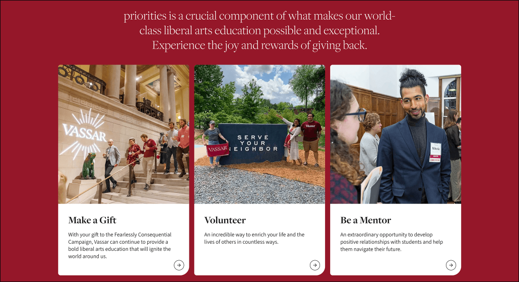 The ways to give back section of Vassar College’s alumni website