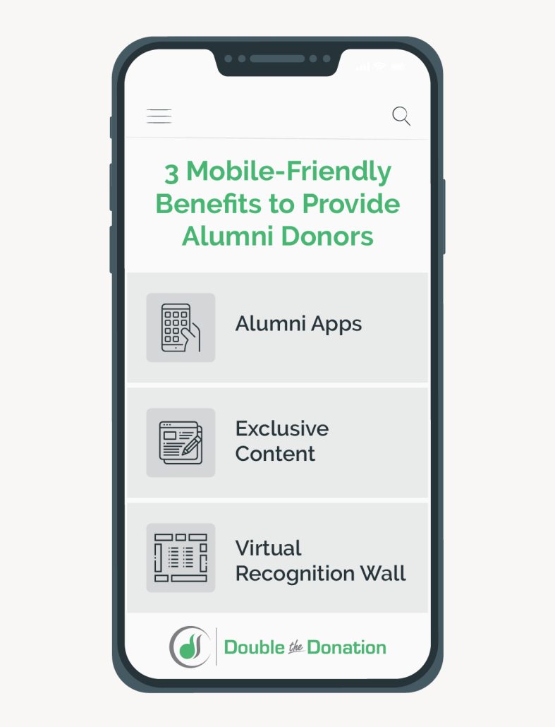 Mobile-friendly perks that colleges can offer their alumni donors, detailed in the text below.