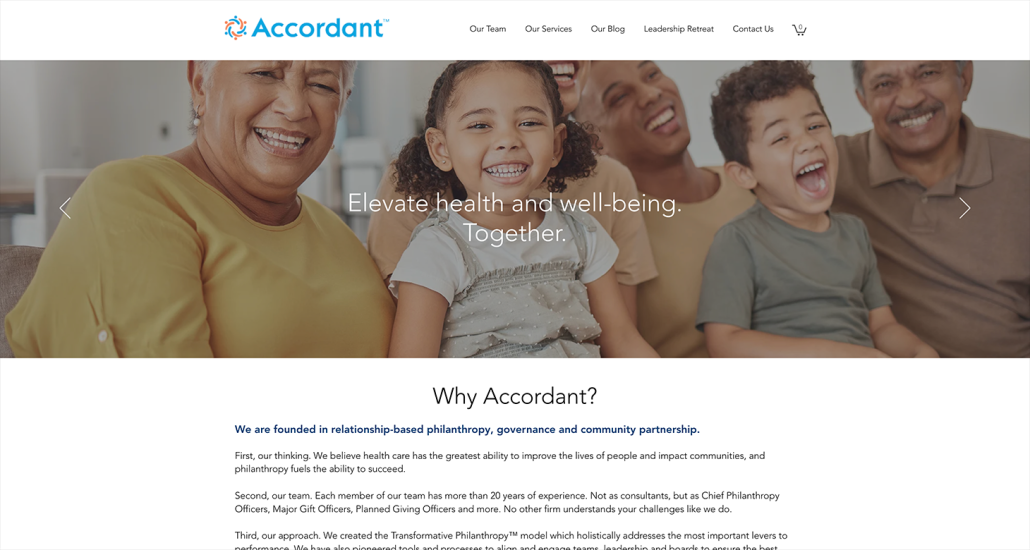 A screenshot of Accordant’s website, which explains how these fundraising consultants can help their healthcare clients.