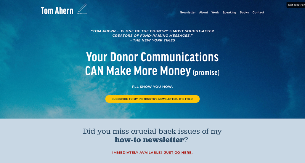 A screenshot of Tom Ahern’s fundraising and donor communications website.