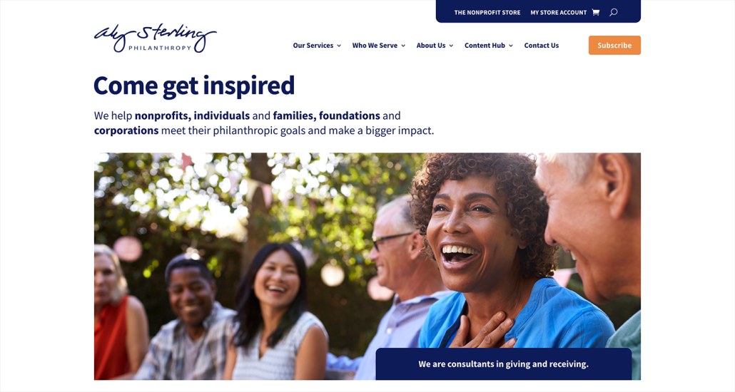 A screenshot of Aly Sterling Philanthropy’s website, which explains what these fundraising consultants focus on.