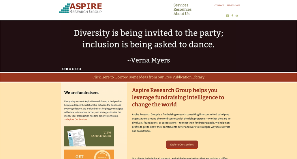 A screenshot of Aspire Research Group’s fundraising consulting website.