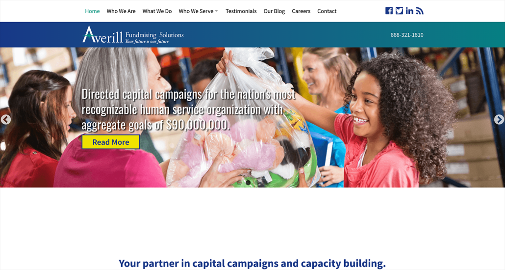 A screenshot of Averill’s website, which elaborates on the fundraising consulting firm’s services.