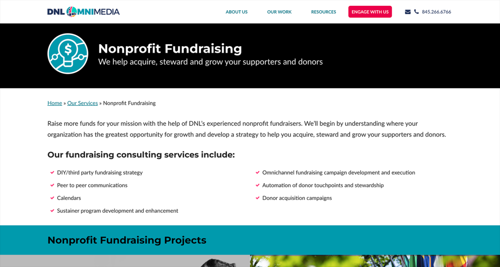 A screenshot of DNL OmniMedia’s fundraising page, which lists the fundraising consulting firm’s services.