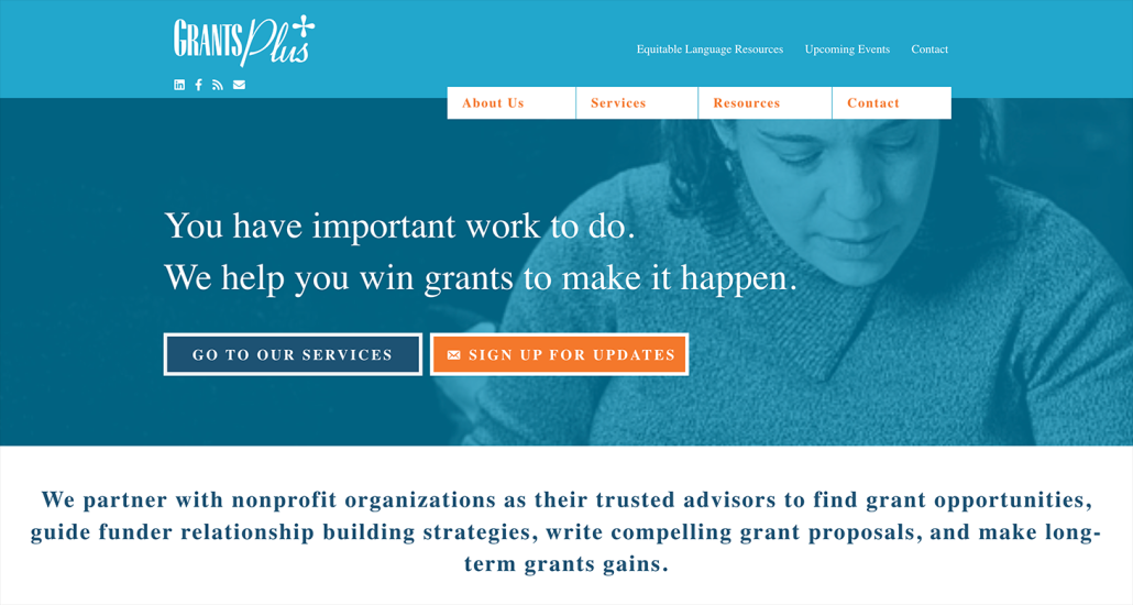 A screenshot of the Grants Plus consulting services page.