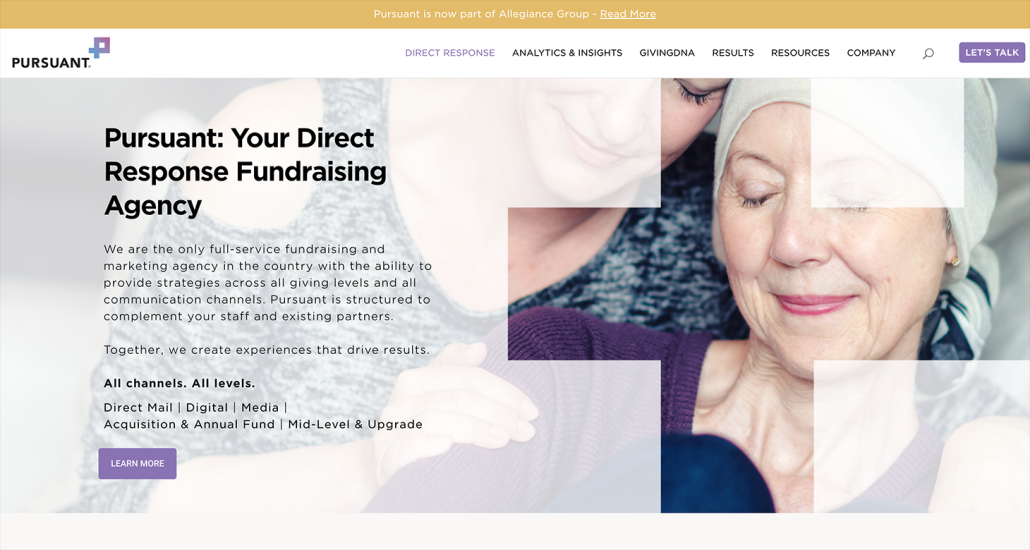 A screenshot from Pursuant’s website, which shares the direct response fundraising agency’s services.