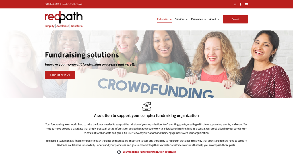 A screenshot of Redpath’s fundraising solutions page, which describes how the fundraising consulting firm can support nonprofits.