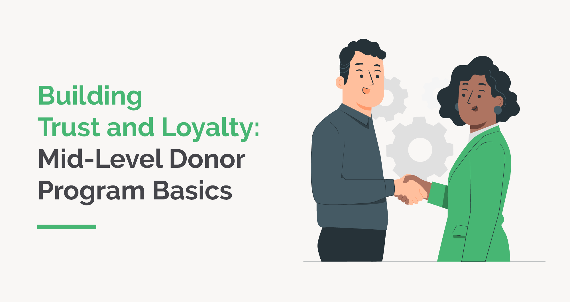 Building Trust and Loyalty: Mid-Level Donor Program Basics,” beside an illustrated nonprofit professional shaking hands with a donor