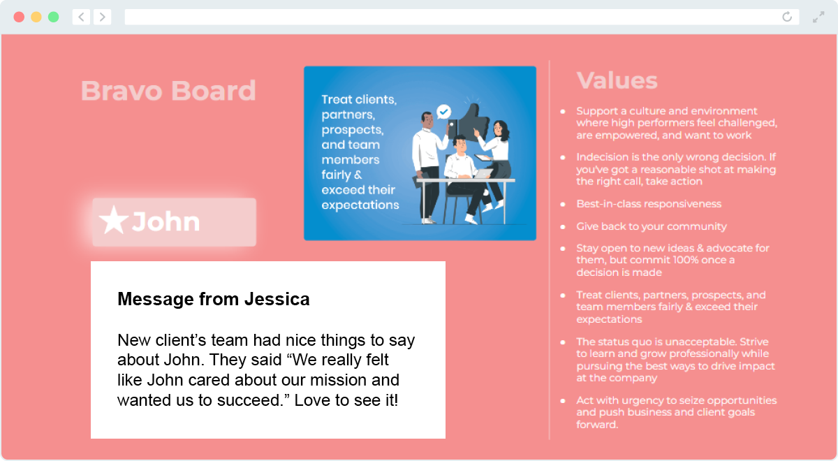Double the Donation's Bravo Board with a message to John from Jessica recognizing the impressive treatment of a client.