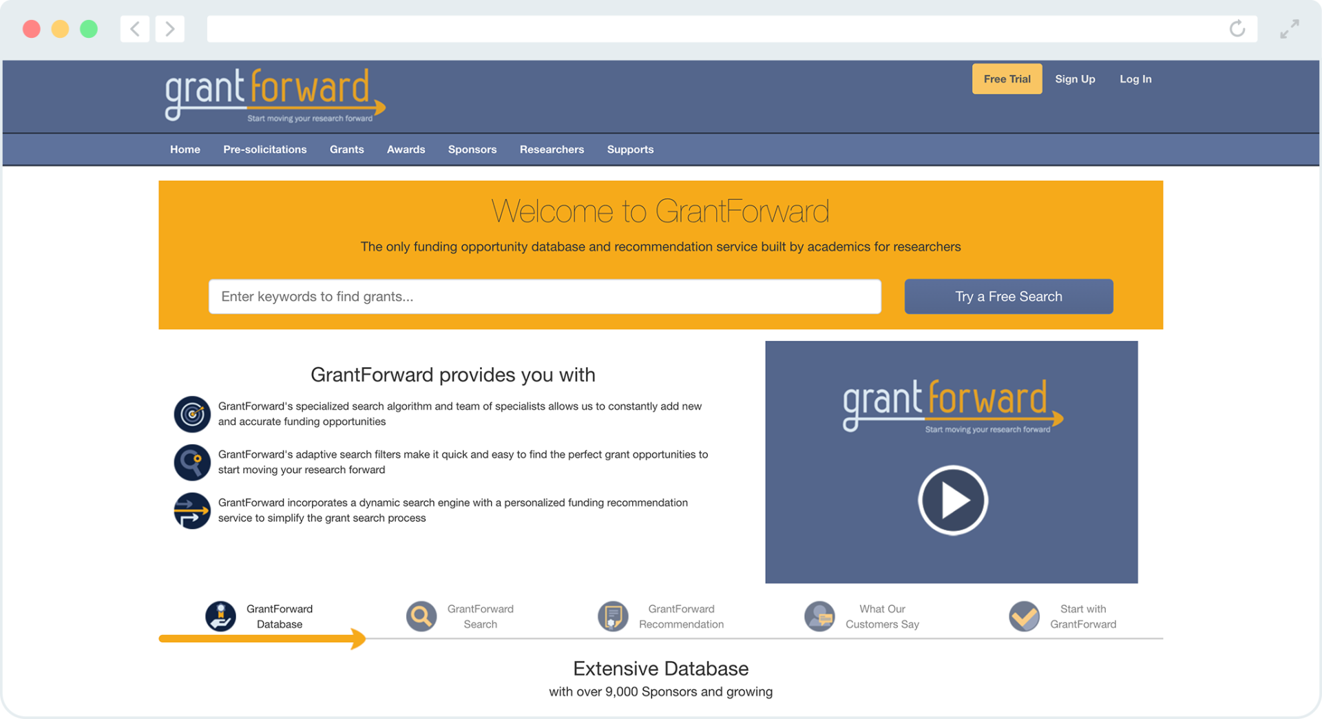 A screenshot of GrantForward's homepage.