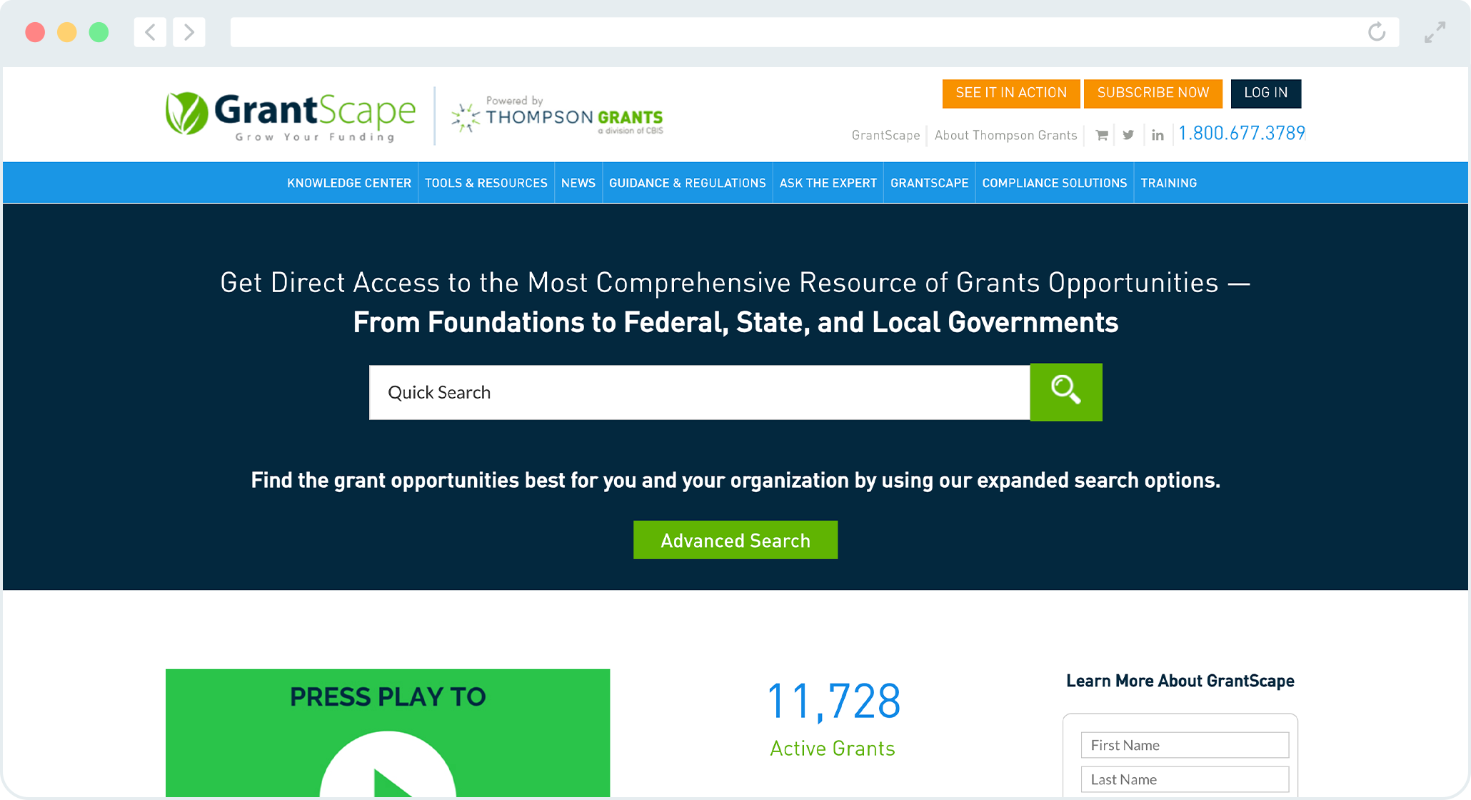 A screenshot of GrantScape's homepage.