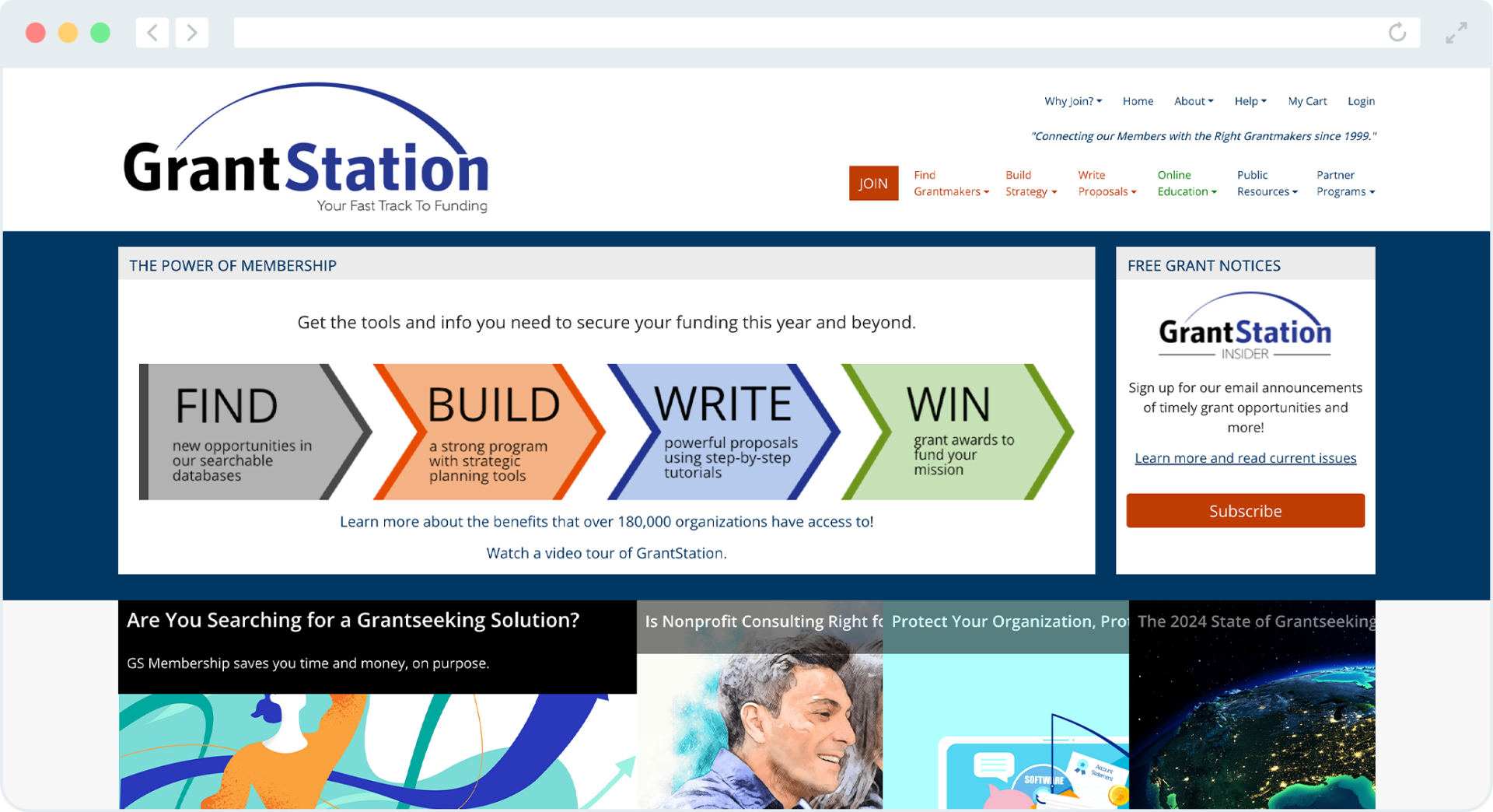 A screenshot of GrantStation's homepage.