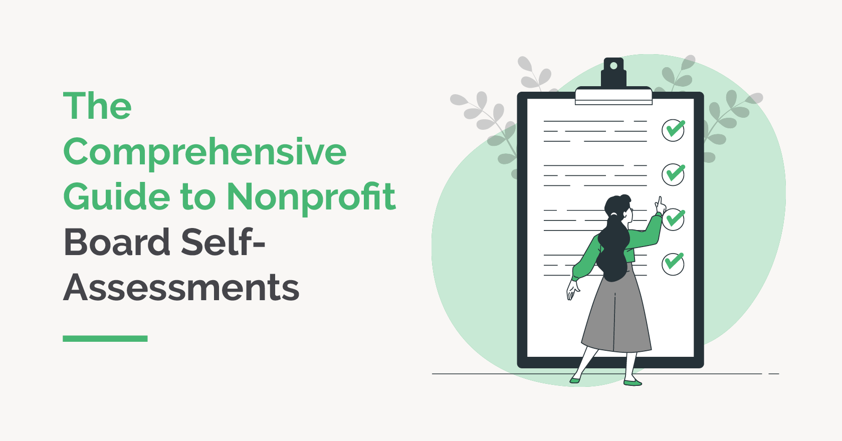 The article’s title, “The Comprehensive Guide to Nonprofit Board Self-Assessments,” next to an illustration of someone looking at a checklist.