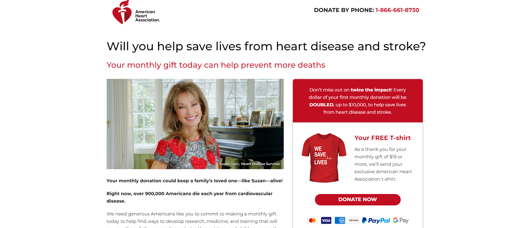 The monthly giving page for the American Heart Association, which highlights the opportunity to have gifts matched for double the impact.