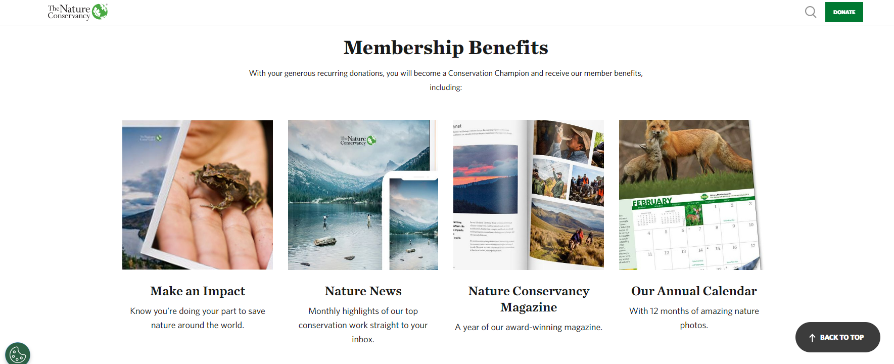 The Nature Conservancy’s monthly giving page, which details membership benefits for recurring donors.