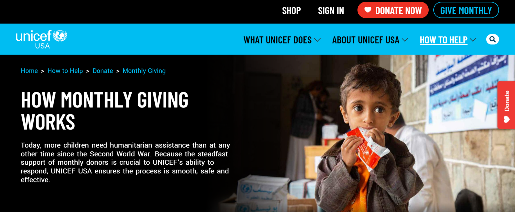 Unicef’s recurring giving page, which explains how monthly giving works.