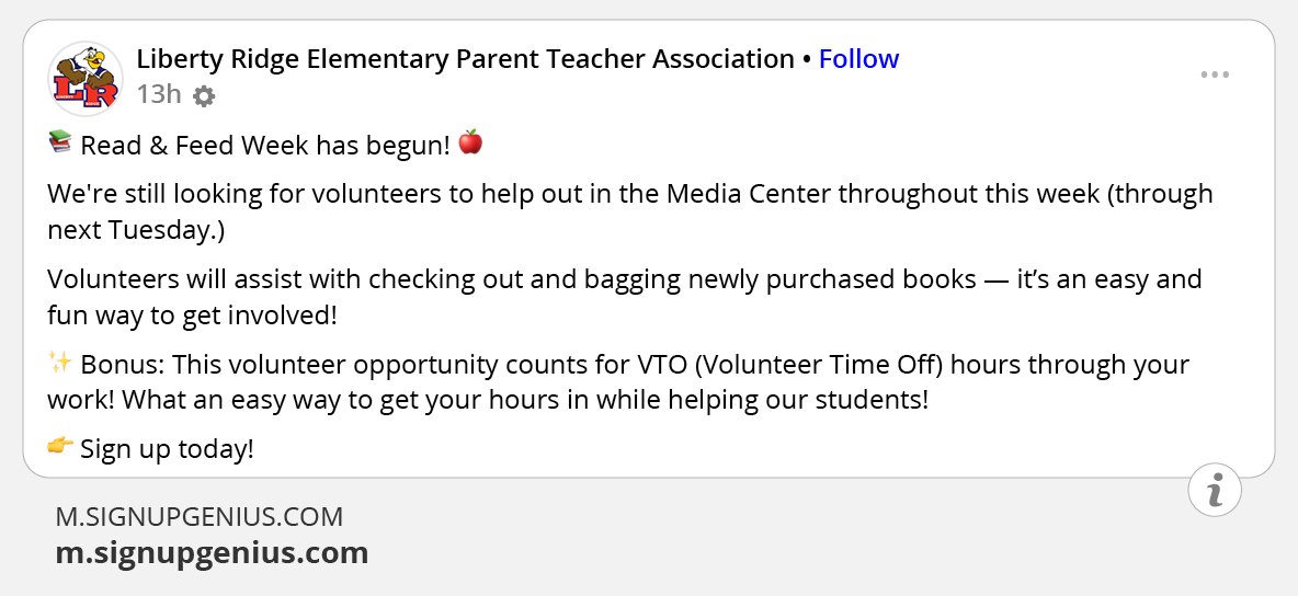 An example of marketing volunteer time off on Facebook