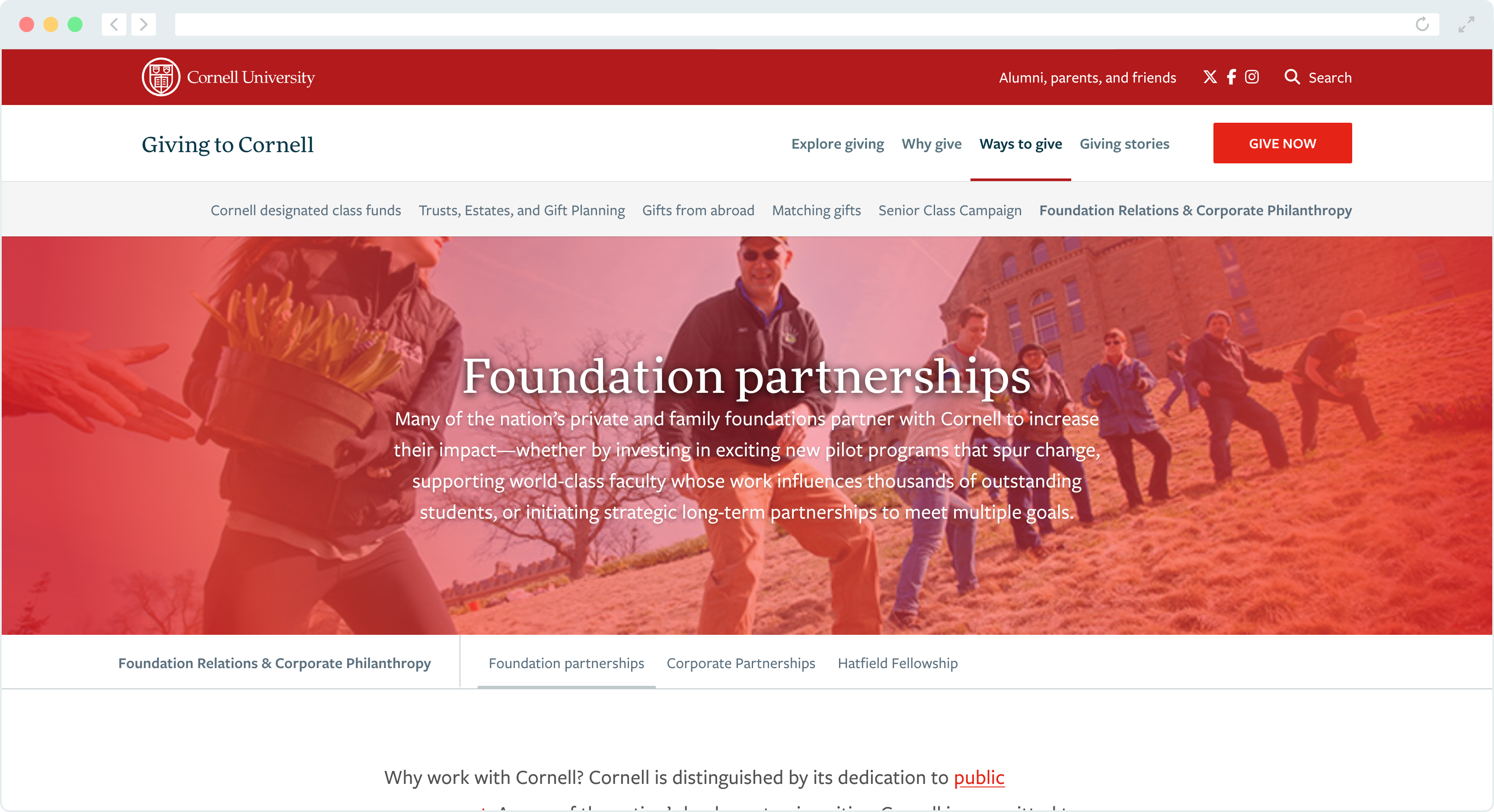 A screenshot of a university's corporate and foundation relations office's website.