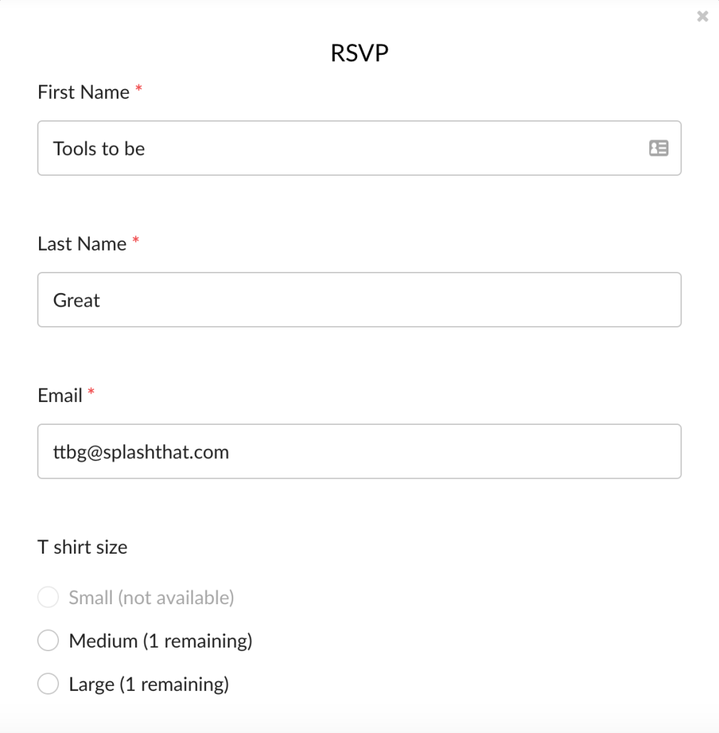 Sample event registration form - Splash