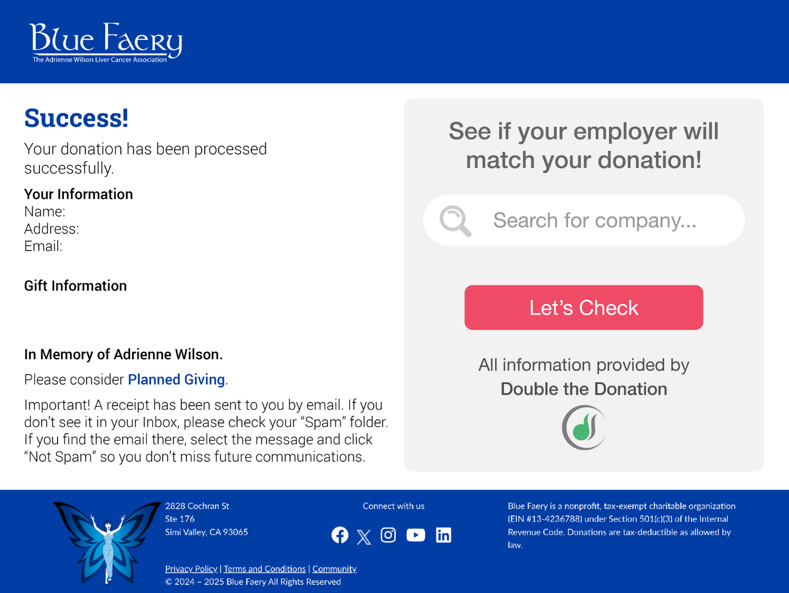Example confirmation page from the Matching Gift Idea Exchange
