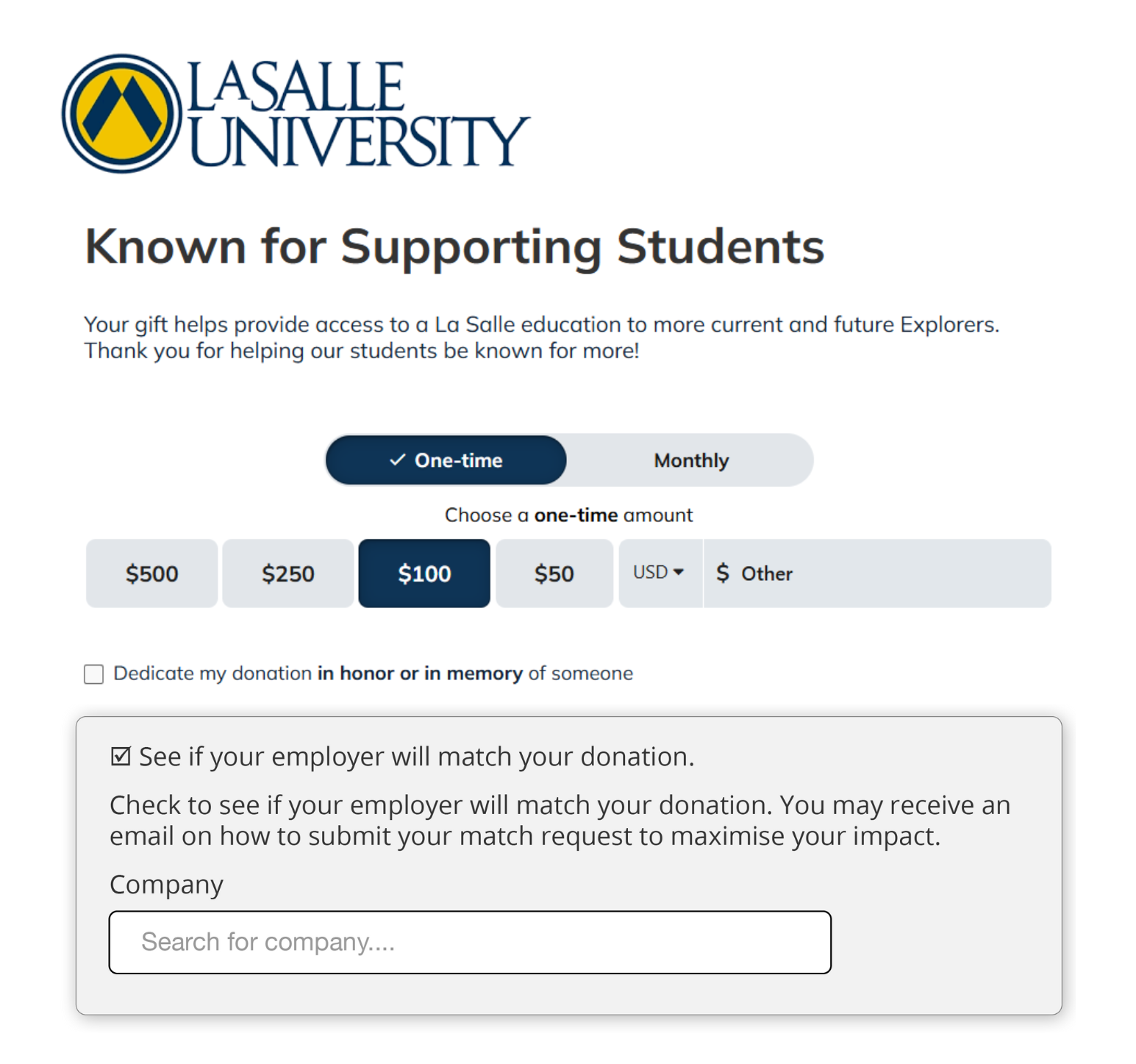 Example donation page from the Matching Gift Idea Exchange