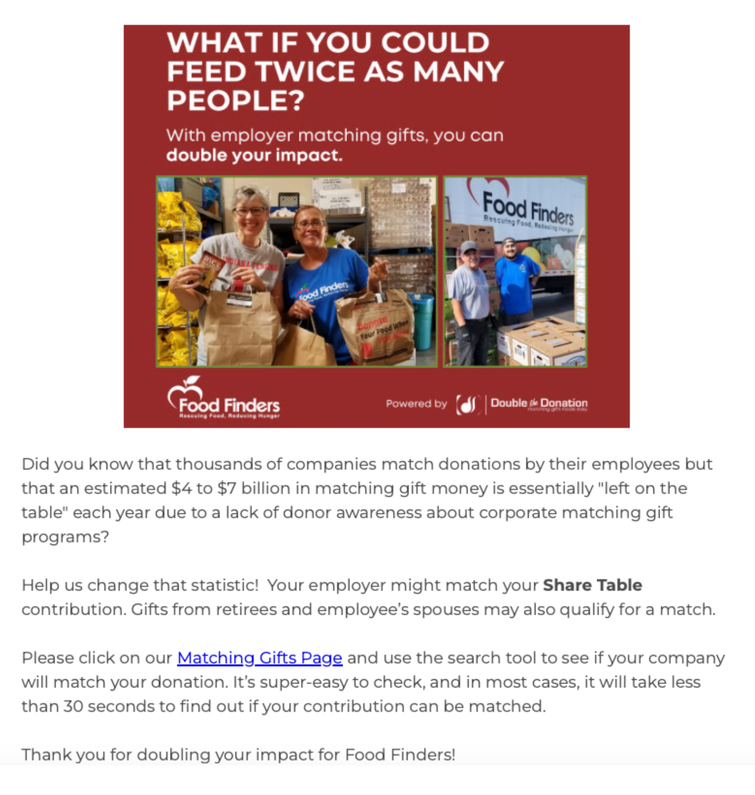 Example email newsletter from the Matching Gift Idea Exchange