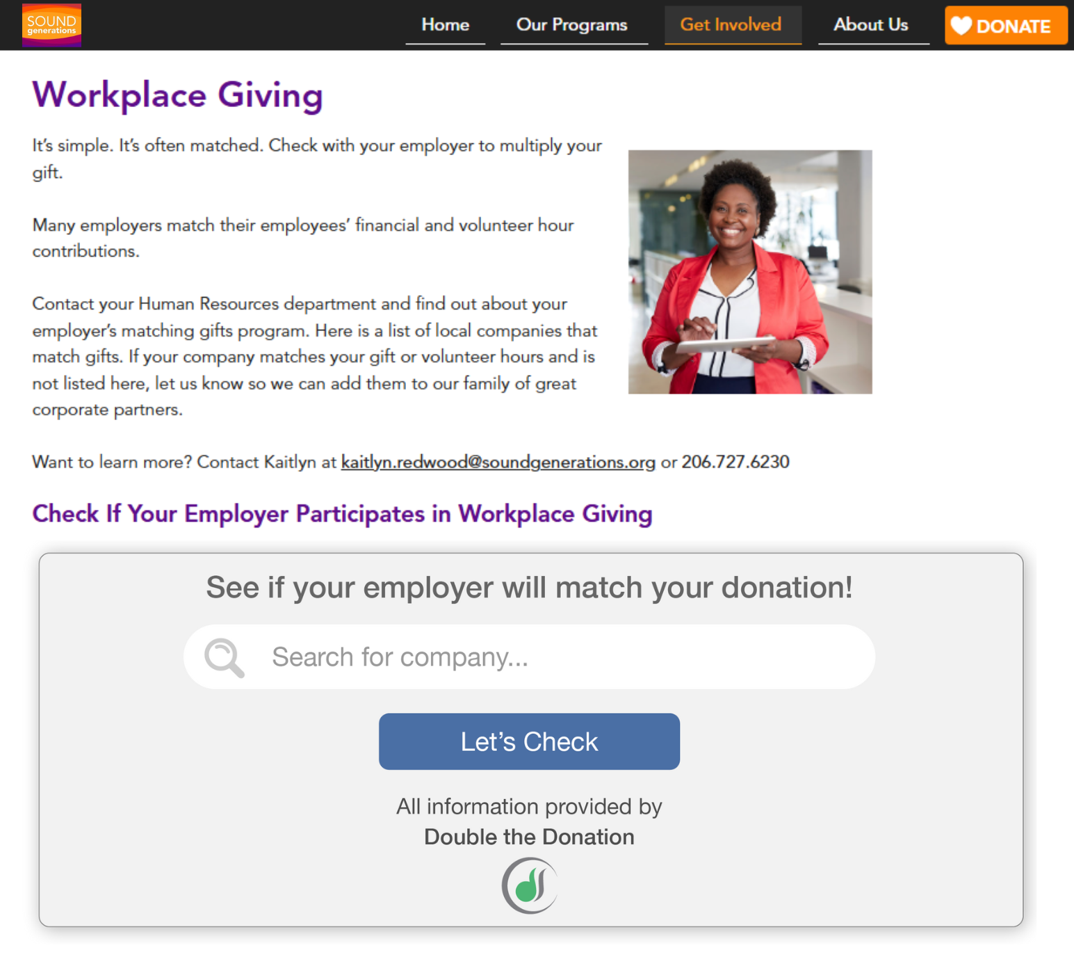 Example workplace giving page from the Matching Gift Idea Exchange