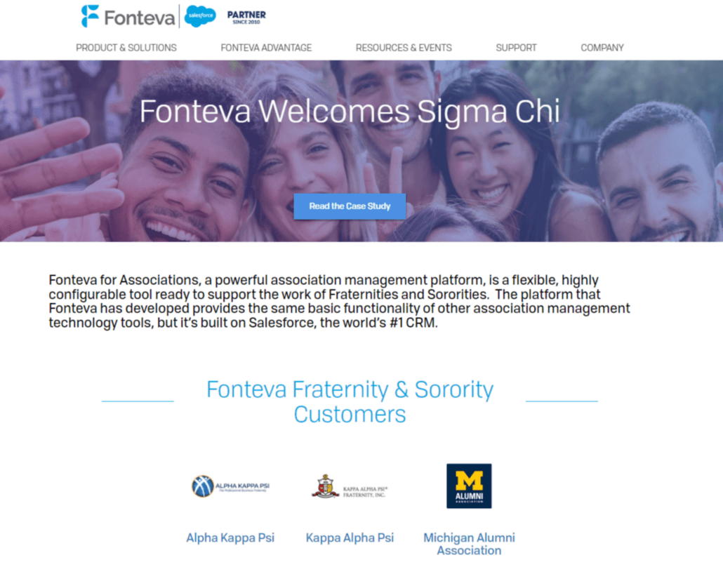 A screenshot of Fonteva’s fraternity software management web page.