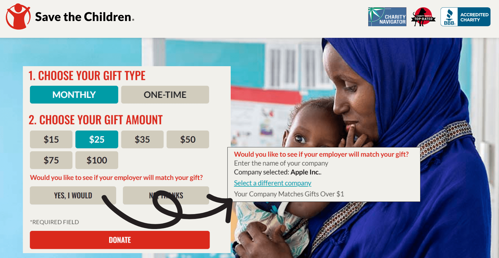 Save the Children's matching gift strategy on its donation form