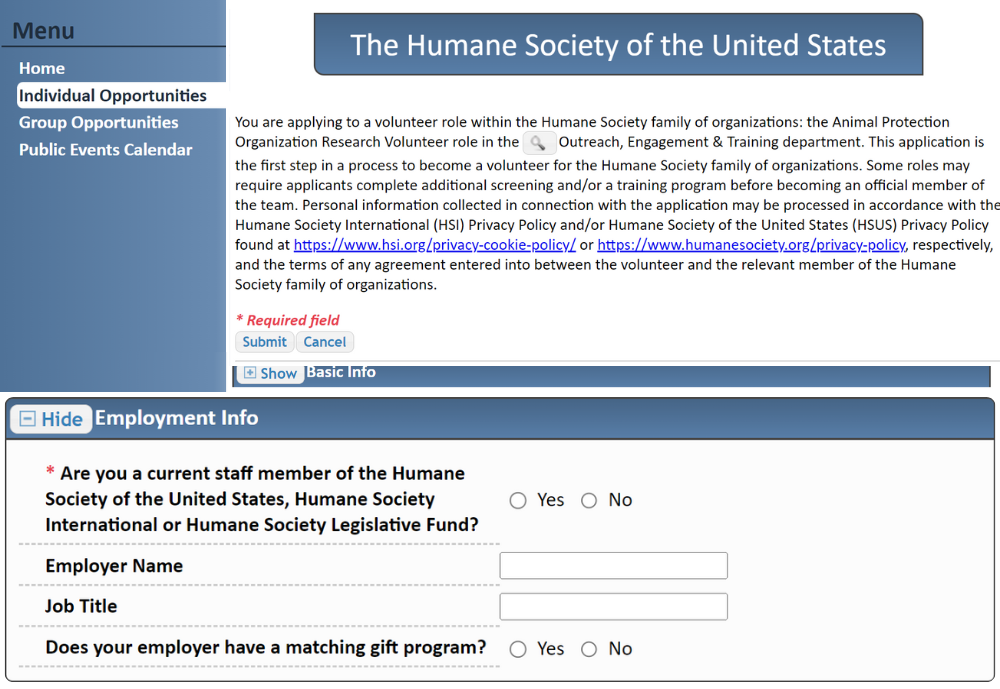 How Humane Society of the USA collects employer information in volunteer registrations