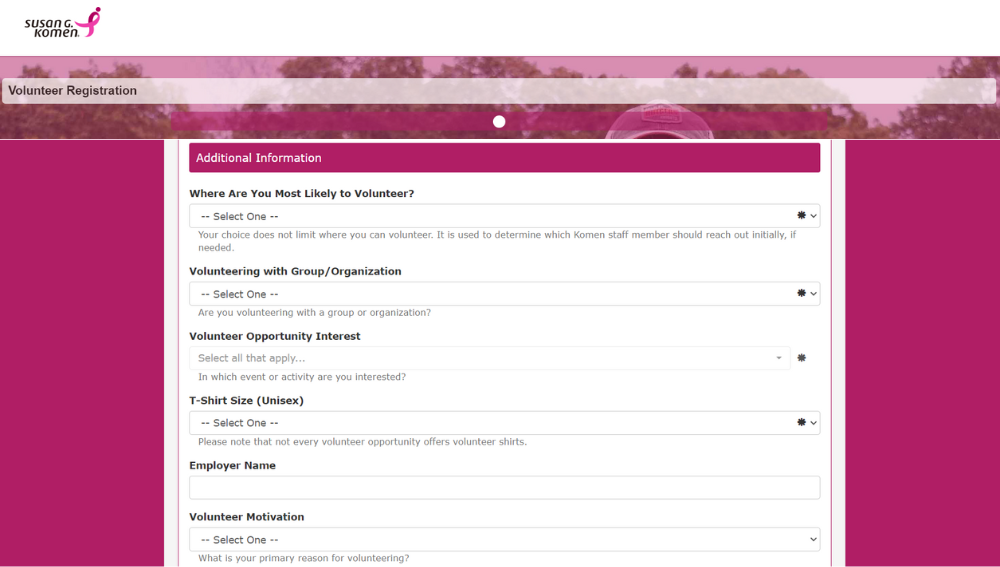 How Susan G. Komen collects employer information in volunteer registrations