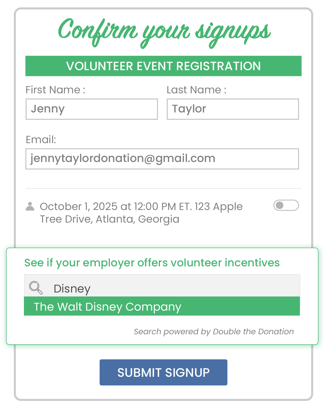 Collecting employer information in volunteer registrations - example form