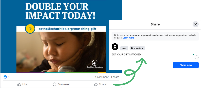 Using social sharing to drive matching gifts with social proof