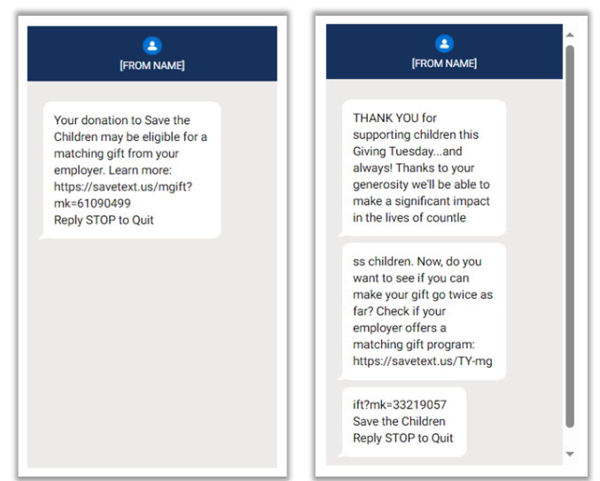Matching gift text marketing example from Save the Children