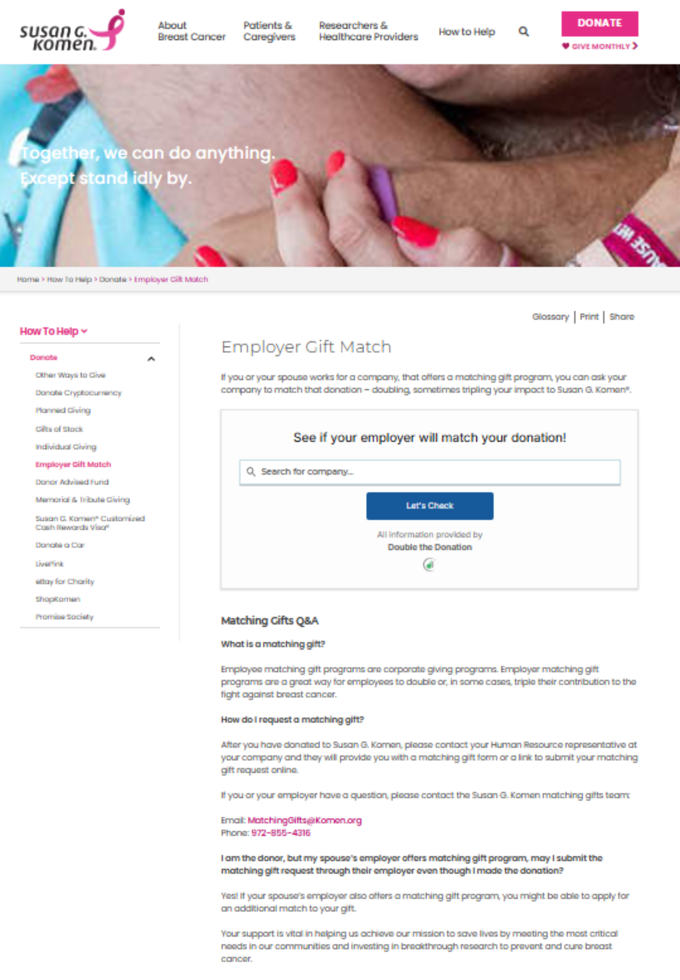 One of the best matching gift web pages is from Susan G. Komen.