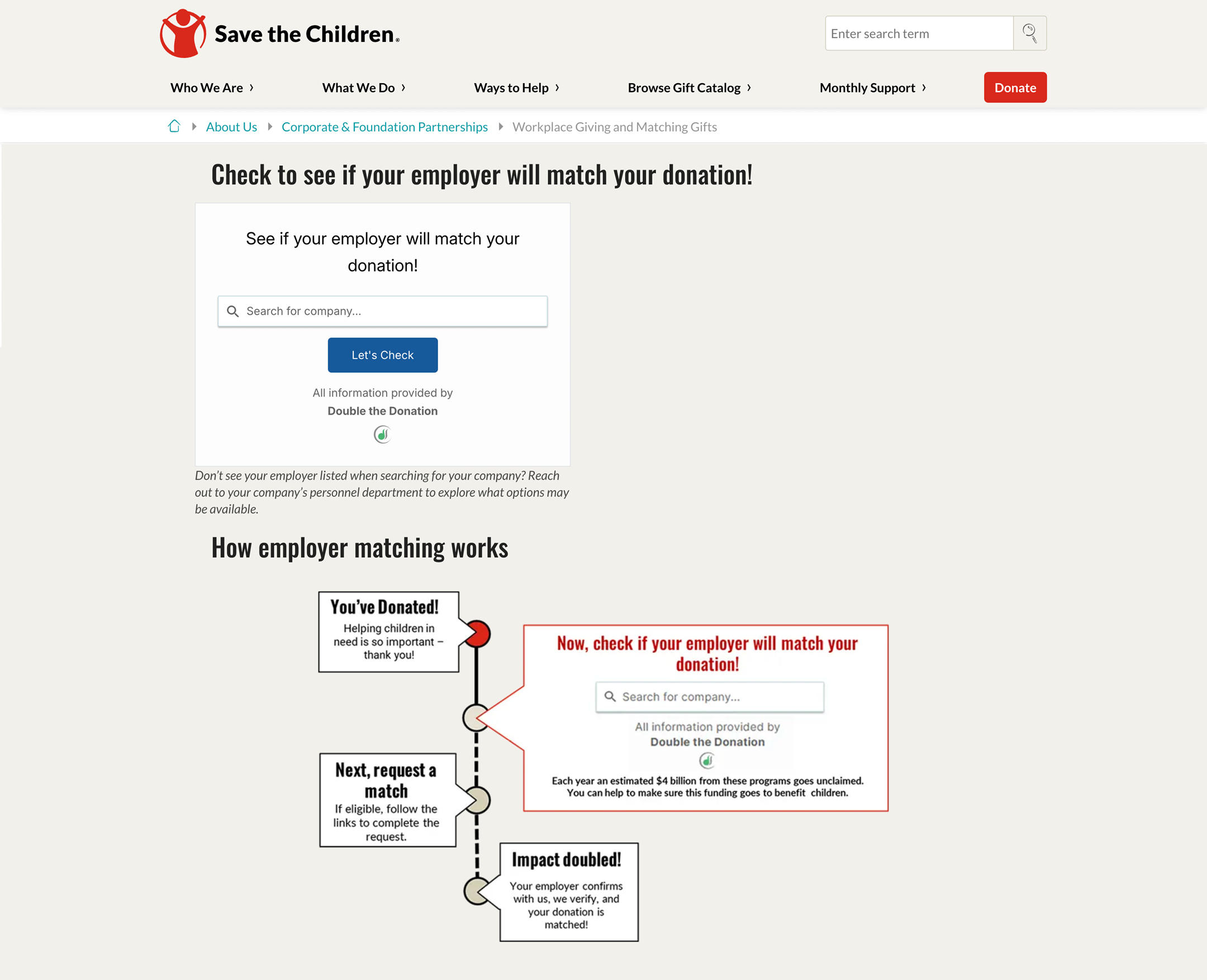 Matching gift web page example: Save the Children