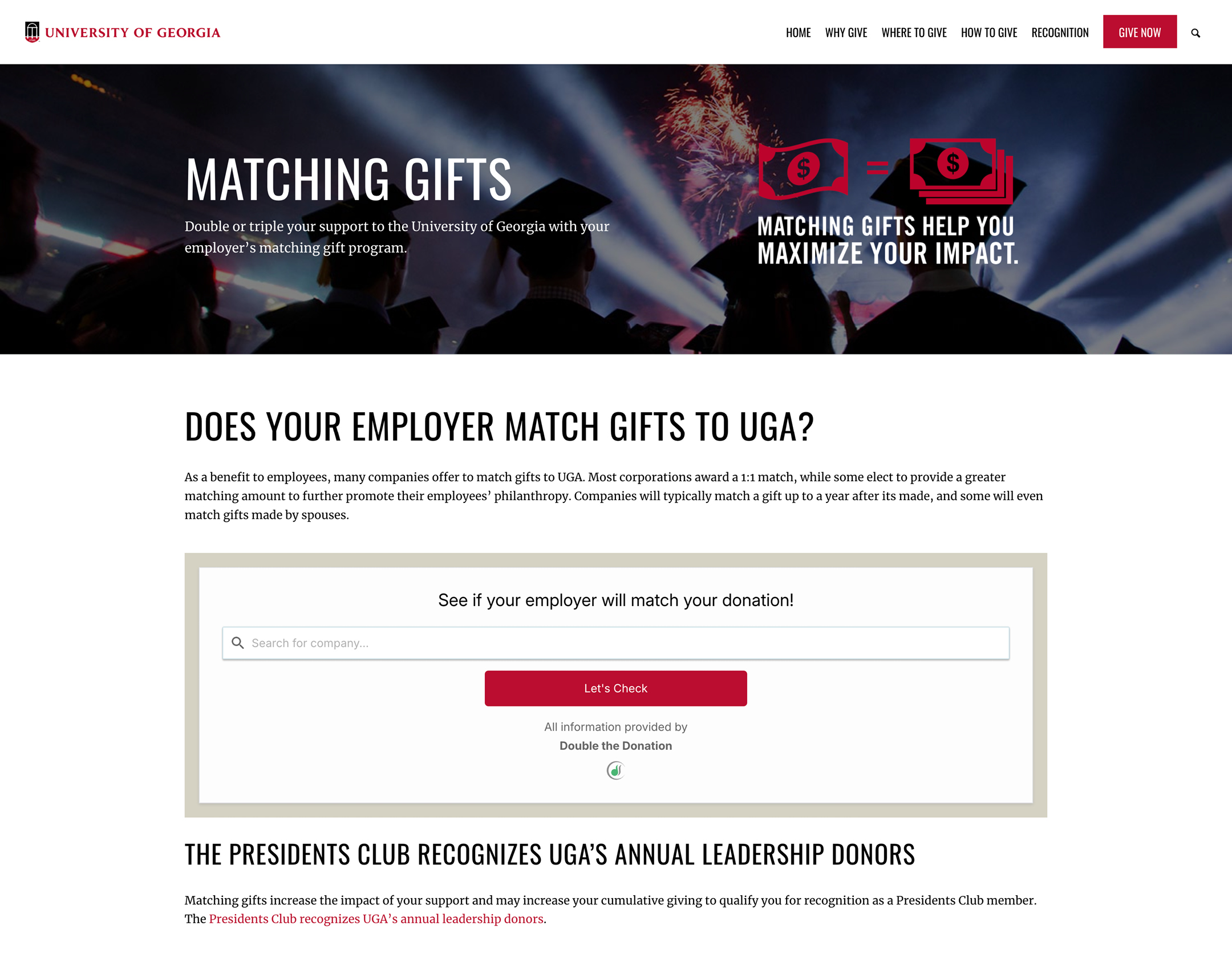 Matching gift web page example: UGA