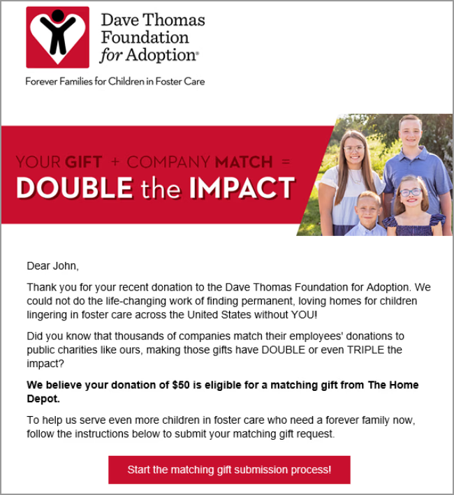 Example of marketing matching gifts within the donation process in your acknowledgments