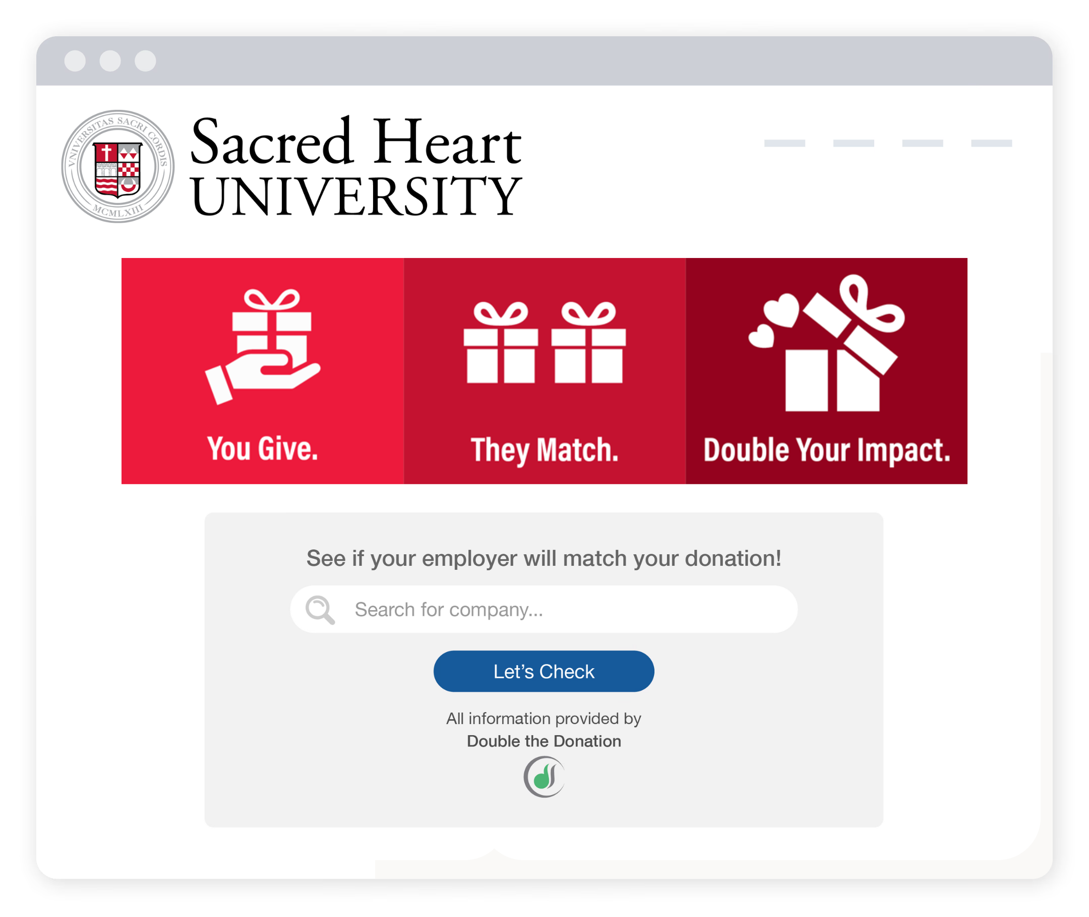 How Sacred Heart University markets matching gifts on its website