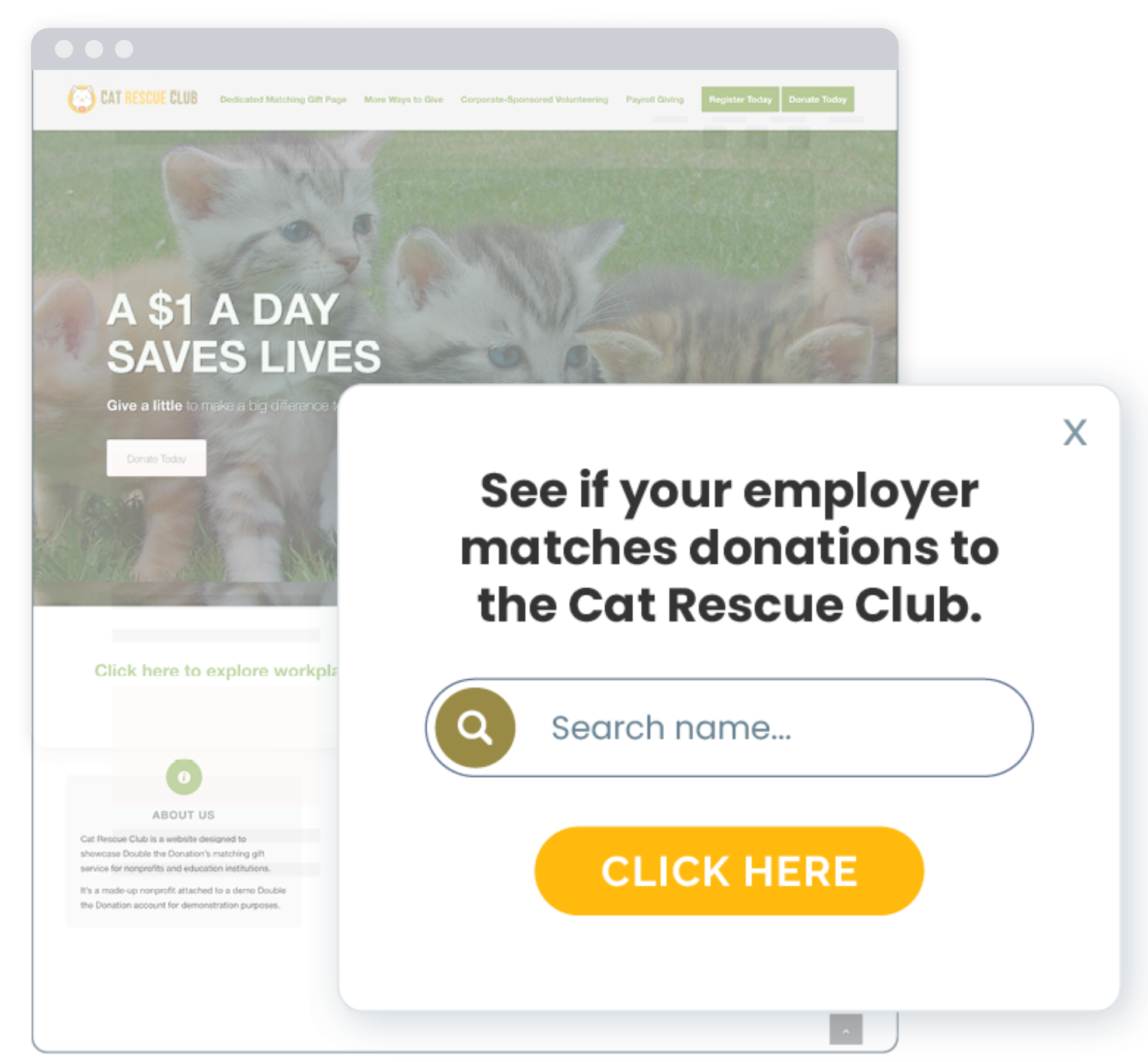 How one sample organization markets matching gifts on its website using pop-ups