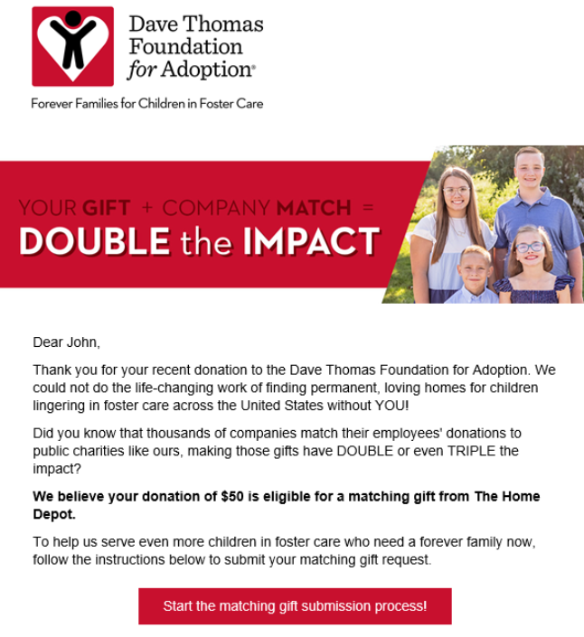 Acknowledgment emails are a great way to market matching gifts in the donation process.