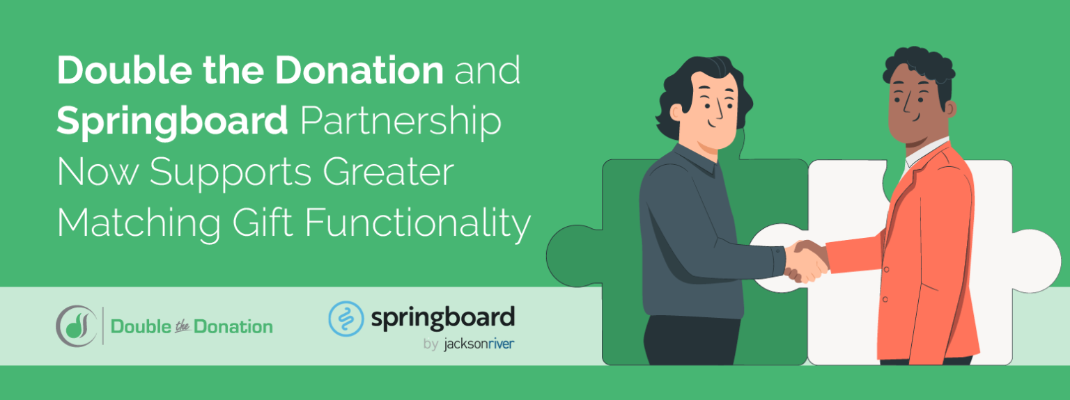 Double the Donation and Springboard Integration announcement featuring two individuals shaking hands