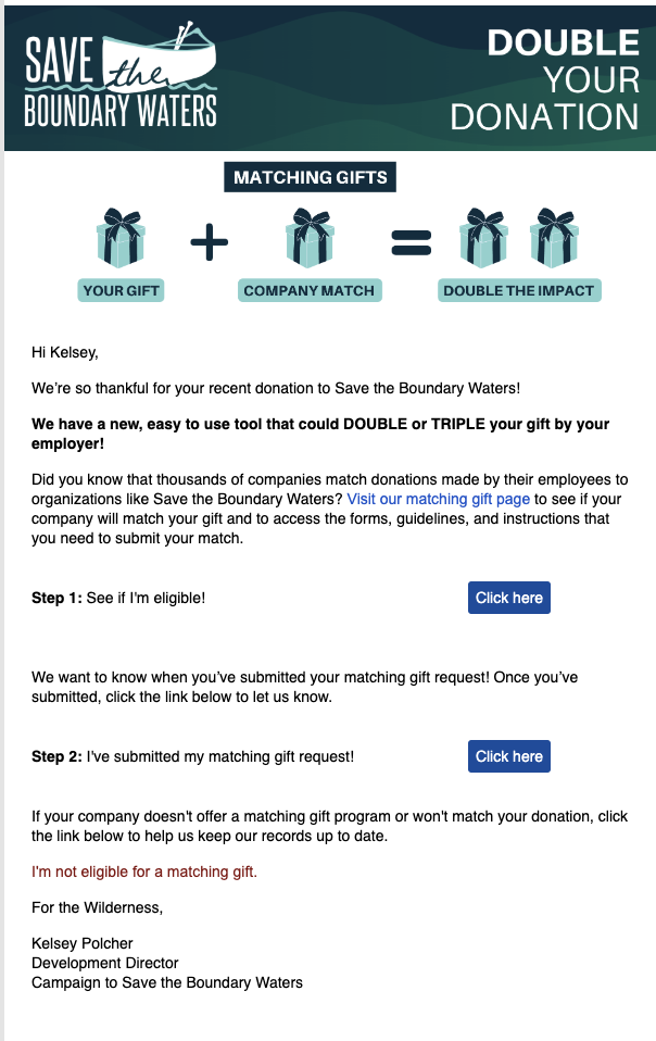 Matching gift emails are a great way to market matching gifts in the donation process.