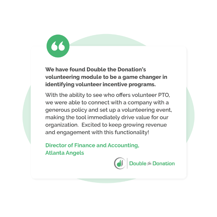 A testimonial from Atlanta Angels praising Double the Donation Volunteering.