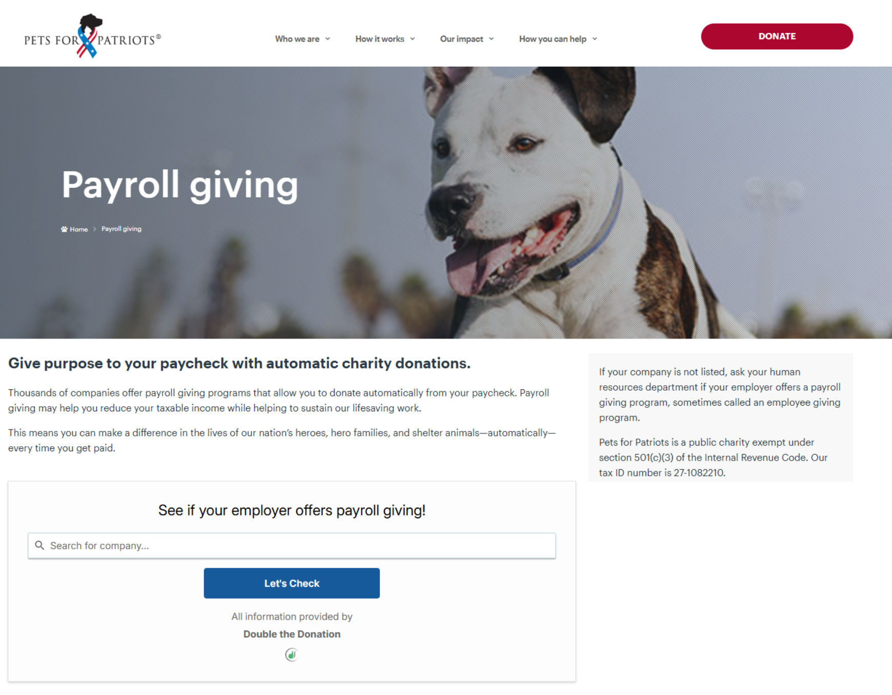 Pets for Patriots Payroll Giving Page