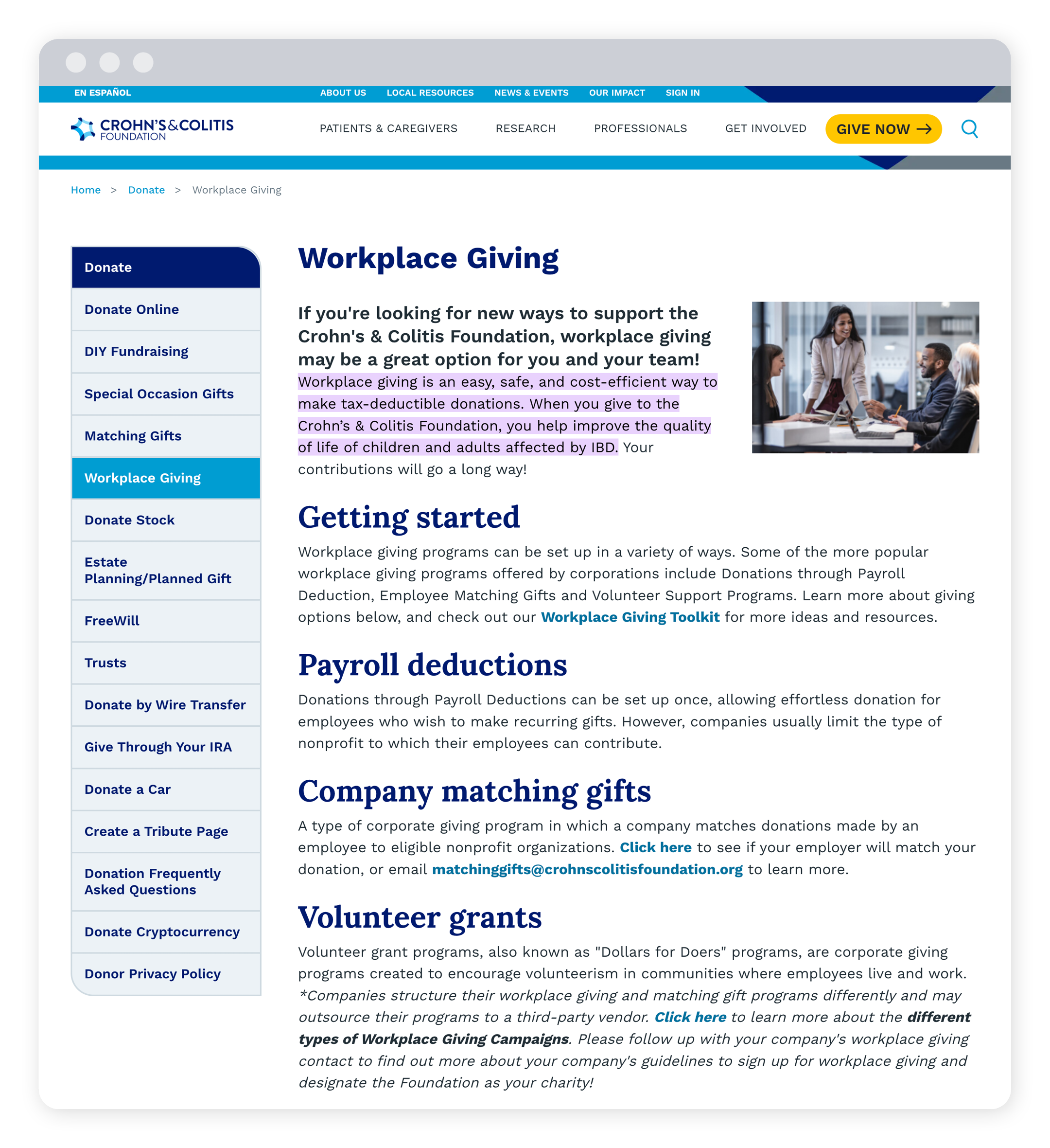 Market workplace giving on your nonprofit website like this example