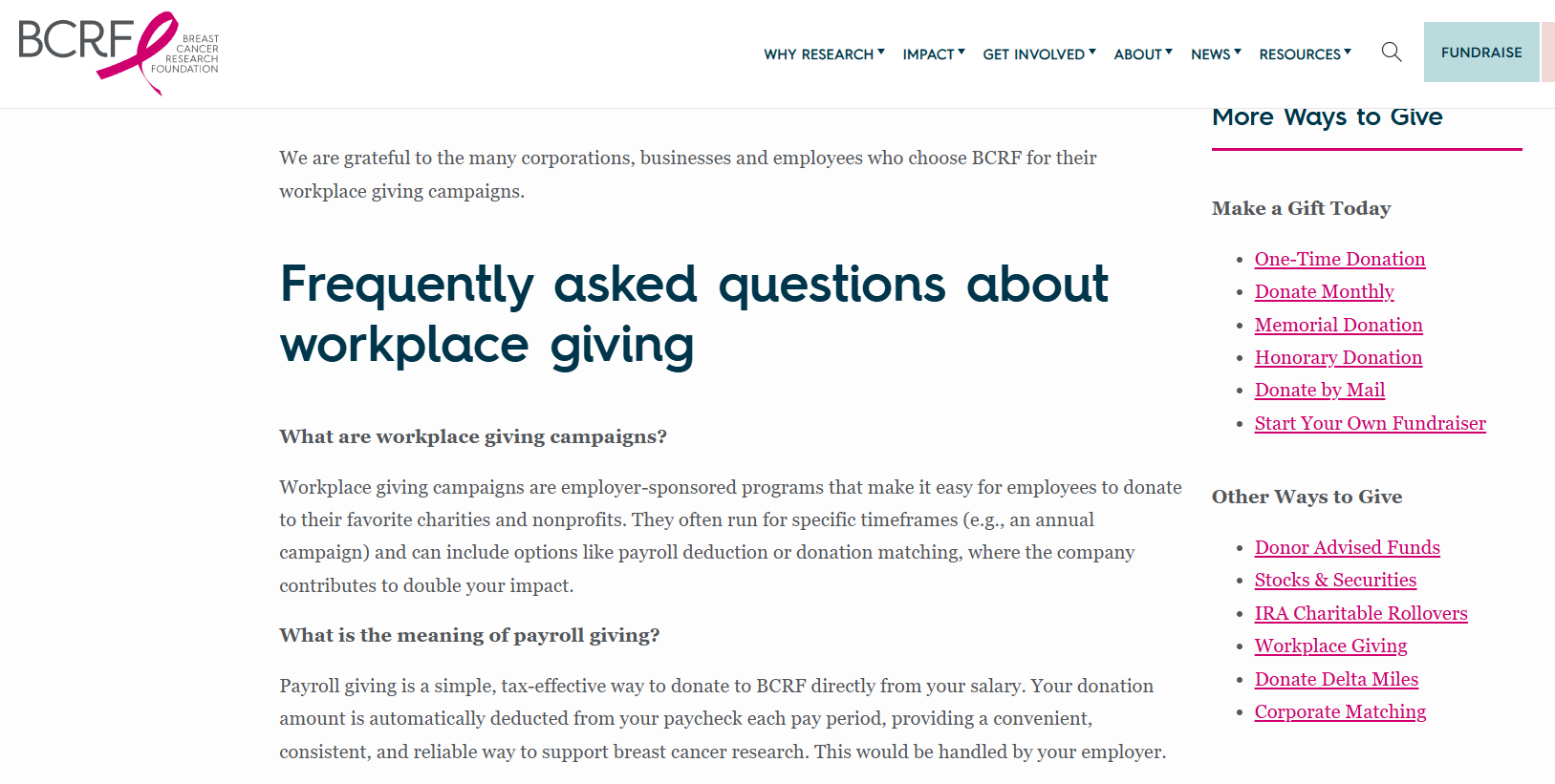 How the Breast Cancer Research Foundation increases payroll donation funds through its website