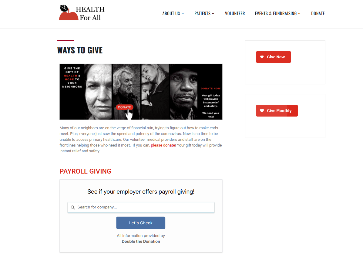 How Health for All, a community clinic, increases payroll donation funds on its website
